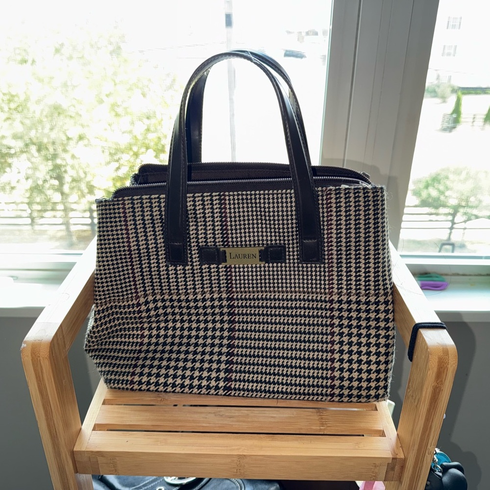 Lauren Ralph Lauren Brown and Cream Houndstooth Tote